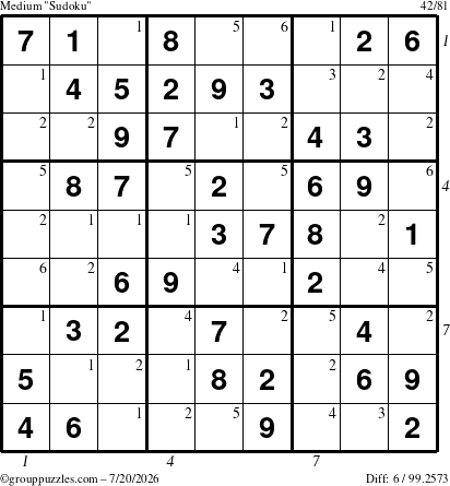 The grouppuzzles.com Medium Sudoku puzzle for Monday July 20, 2026 with all 6 steps marked
