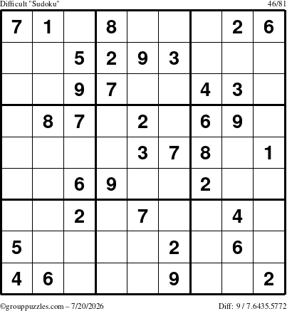 The grouppuzzles.com Difficult Sudoku puzzle for Monday July 20, 2026