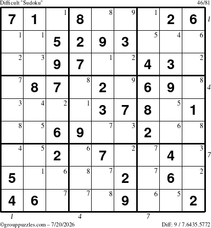 The grouppuzzles.com Difficult Sudoku puzzle for Monday July 20, 2026 with all 9 steps marked