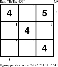 The grouppuzzles.com Easy TicTac-456 puzzle for Monday July 20, 2026 with all 2 steps marked