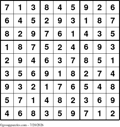The grouppuzzles.com Answer grid for the Sudoku puzzle for Monday July 20, 2026