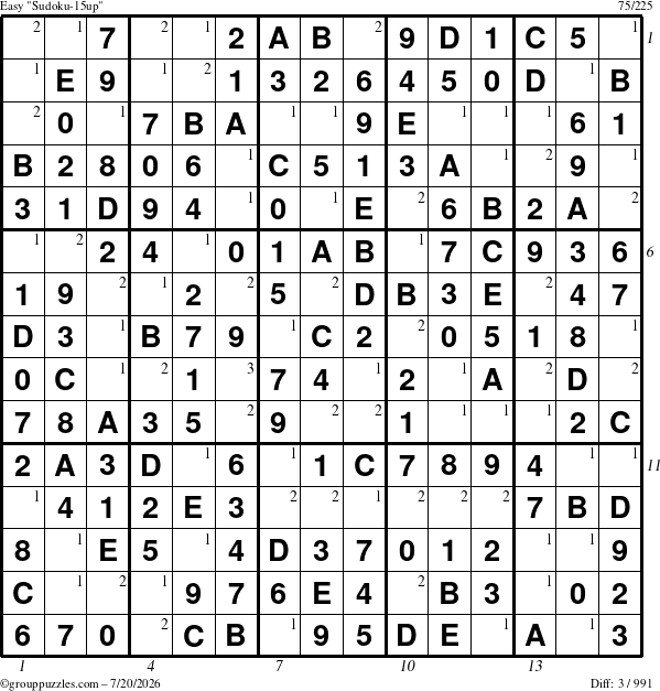 The grouppuzzles.com Easy Sudoku-15up puzzle for Monday July 20, 2026 with all 3 steps marked