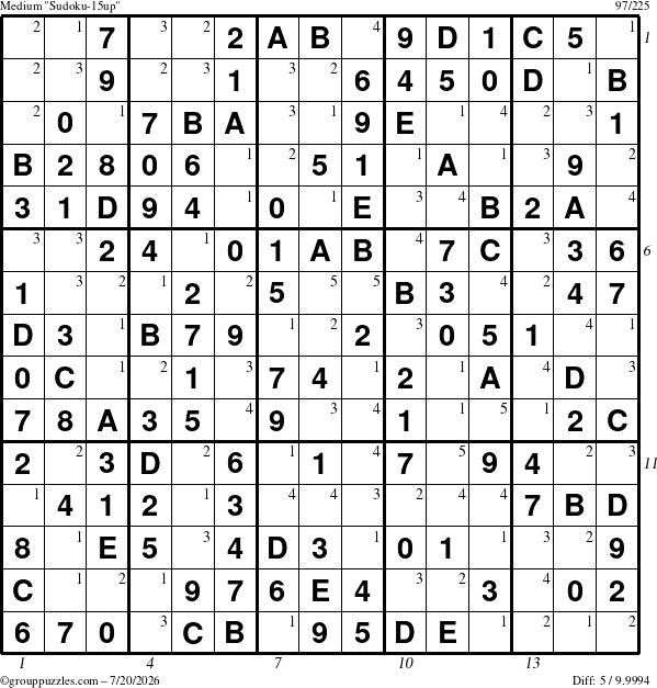 The grouppuzzles.com Medium Sudoku-15up puzzle for Monday July 20, 2026 with all 5 steps marked