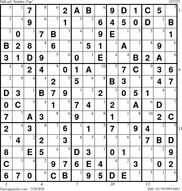 The grouppuzzles.com Difficult Sudoku-15up puzzle for Monday July 20, 2026 with all 10 steps marked