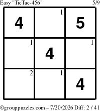The grouppuzzles.com Easy TicTac-456 puzzle for Monday July 20, 2026 with the first 2 steps marked