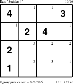 The grouppuzzles.com Easy Sudoku-4 puzzle for Saturday July 26, 2025 with the first 3 steps marked