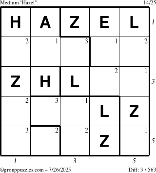 The grouppuzzles.com Medium Hazel puzzle for Saturday July 26, 2025 with all 3 steps marked