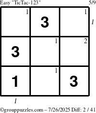 The grouppuzzles.com Easy TicTac-123 puzzle for Saturday July 26, 2025, suitable for printing, with all 2 steps marked
