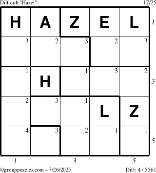 The grouppuzzles.com Difficult Hazel puzzle for Saturday July 26, 2025 with all 4 steps marked