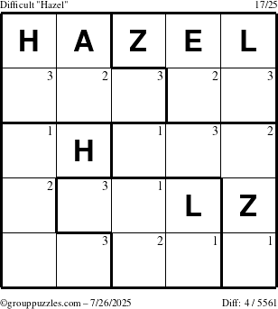 The grouppuzzles.com Difficult Hazel puzzle for Saturday July 26, 2025 with the first 3 steps marked