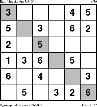 The grouppuzzles.com Easy Sudoku-6up-UR-D puzzle for Saturday July 26, 2025