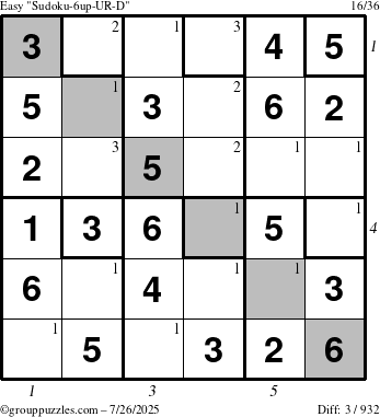 The grouppuzzles.com Easy Sudoku-6up-UR-D puzzle for Saturday July 26, 2025, suitable for printing, with all 3 steps marked