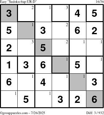 The grouppuzzles.com Easy Sudoku-6up-UR-D puzzle for Saturday July 26, 2025 with the first 3 steps marked