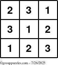 The grouppuzzles.com Answer grid for the TicTac-123 puzzle for Saturday July 26, 2025