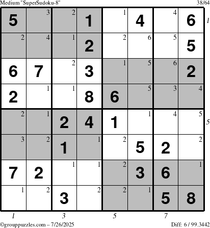 The grouppuzzles.com Medium SuperSudoku-8 puzzle for Saturday July 26, 2025 with all 6 steps marked