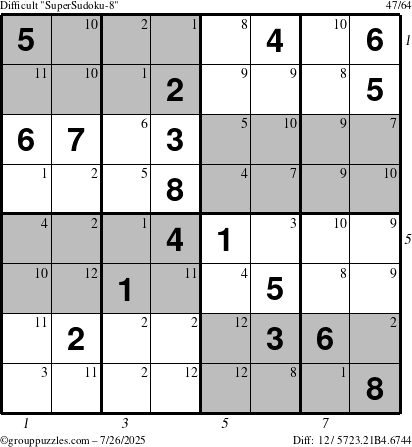 The grouppuzzles.com Difficult SuperSudoku-8 puzzle for Saturday July 26, 2025 with all 12 steps marked