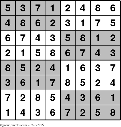 The grouppuzzles.com Answer grid for the SuperSudoku-8 puzzle for Saturday July 26, 2025