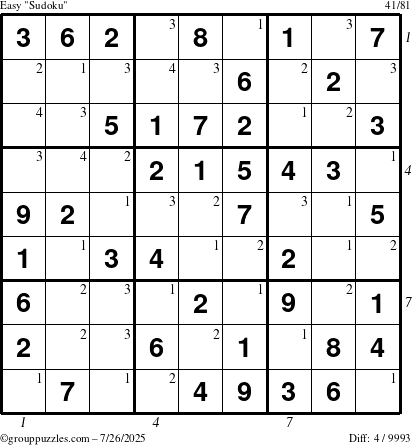 The grouppuzzles.com Easy Sudoku puzzle for Saturday July 26, 2025 with all 4 steps marked
