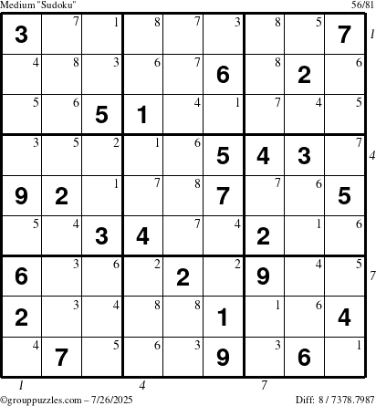 The grouppuzzles.com Medium Sudoku puzzle for Saturday July 26, 2025 with all 8 steps marked