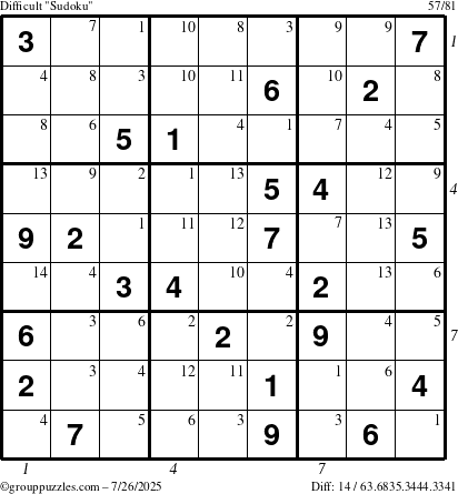 The grouppuzzles.com Difficult Sudoku puzzle for Saturday July 26, 2025, suitable for printing, with all 14 steps marked