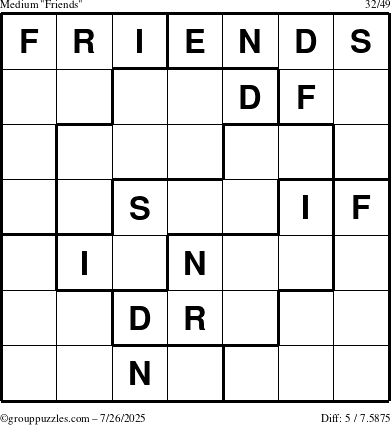 The grouppuzzles.com Medium Friends puzzle for Saturday July 26, 2025