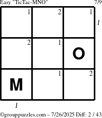 The grouppuzzles.com Easy TicTac-MNO puzzle for Saturday July 26, 2025, suitable for printing, with all 2 steps marked
