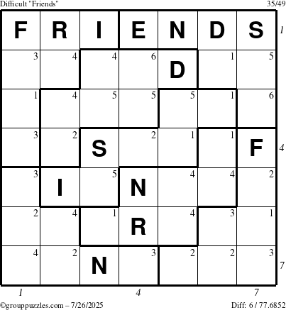 The grouppuzzles.com Difficult Friends puzzle for Saturday July 26, 2025 with all 6 steps marked