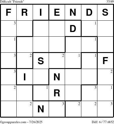 The grouppuzzles.com Difficult Friends puzzle for Saturday July 26, 2025 with the first 3 steps marked
