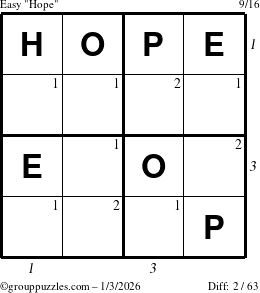 The grouppuzzles.com Easy Hope puzzle for Saturday January 3, 2026 with all 2 steps marked