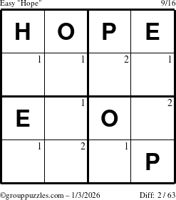 The grouppuzzles.com Easy Hope puzzle for Saturday January 3, 2026 with the first 2 steps marked