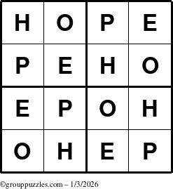 The grouppuzzles.com Answer grid for the Hope puzzle for Saturday January 3, 2026