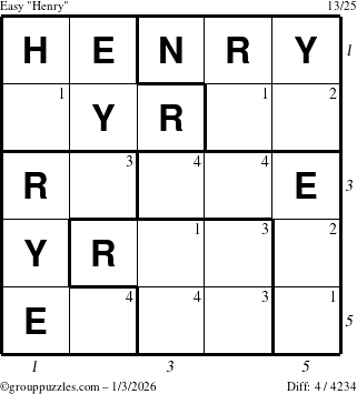 The grouppuzzles.com Easy Henry puzzle for Saturday January 3, 2026 with all 4 steps marked