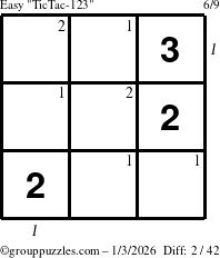 The grouppuzzles.com Easy TicTac-123 puzzle for Saturday January 3, 2026, suitable for printing, with all 2 steps marked