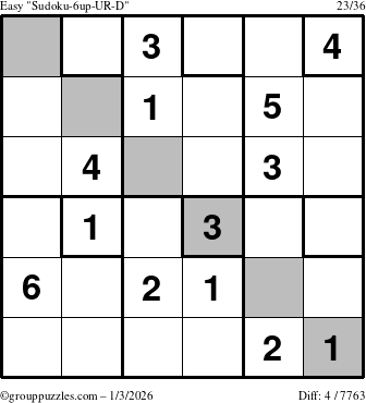 The grouppuzzles.com Easy Sudoku-6up-UR-D puzzle for Saturday January 3, 2026