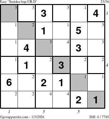 The grouppuzzles.com Easy Sudoku-6up-UR-D puzzle for Saturday January 3, 2026 with all 4 steps marked