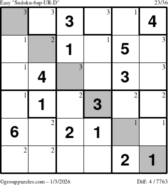 The grouppuzzles.com Easy Sudoku-6up-UR-D puzzle for Saturday January 3, 2026 with the first 3 steps marked