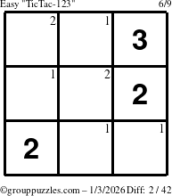 The grouppuzzles.com Easy TicTac-123 puzzle for Saturday January 3, 2026 with the first 2 steps marked