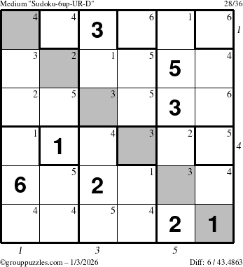 The grouppuzzles.com Medium Sudoku-6up-UR-D puzzle for Saturday January 3, 2026, suitable for printing, with all 6 steps marked