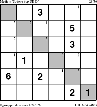 The grouppuzzles.com Medium Sudoku-6up-UR-D puzzle for Saturday January 3, 2026 with the first 3 steps marked
