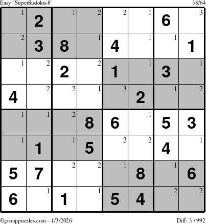 The grouppuzzles.com Easy SuperSudoku-8 puzzle for Saturday January 3, 2026 with the first 3 steps marked
