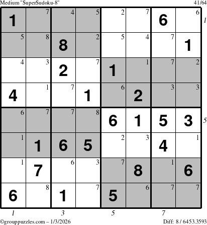 The grouppuzzles.com Medium SuperSudoku-8 puzzle for Saturday January 3, 2026 with all 8 steps marked