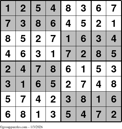 The grouppuzzles.com Answer grid for the SuperSudoku-8 puzzle for Saturday January 3, 2026
