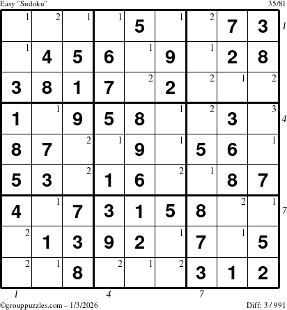 The grouppuzzles.com Easy Sudoku puzzle for Saturday January 3, 2026, suitable for printing, with all 3 steps marked