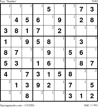 The grouppuzzles.com Easy Sudoku puzzle for Saturday January 3, 2026 with the first 3 steps marked