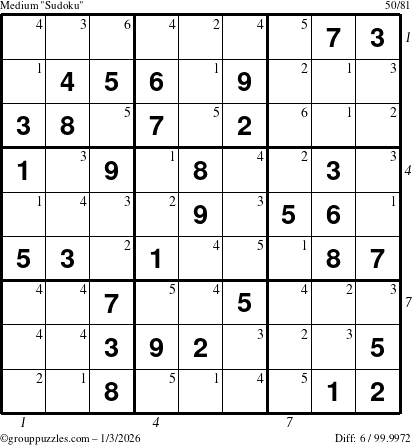 The grouppuzzles.com Medium Sudoku puzzle for Saturday January 3, 2026, suitable for printing, with all 6 steps marked