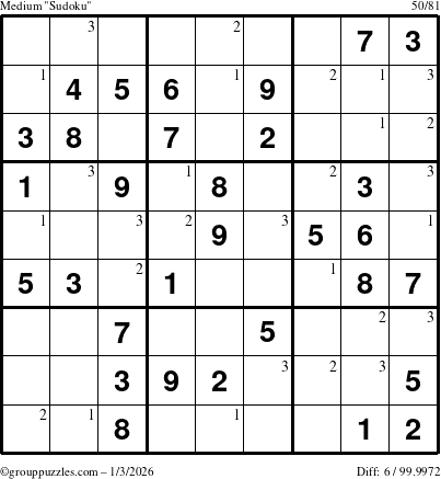 The grouppuzzles.com Medium Sudoku puzzle for Saturday January 3, 2026 with the first 3 steps marked