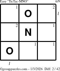 The grouppuzzles.com Easy TicTac-MNO puzzle for Saturday January 3, 2026 with all 2 steps marked