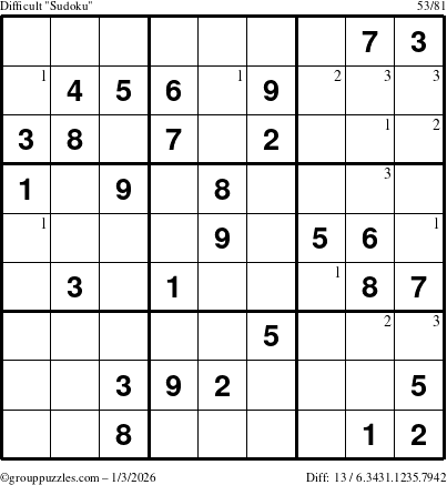 The grouppuzzles.com Difficult Sudoku puzzle for Saturday January 3, 2026 with the first 3 steps marked
