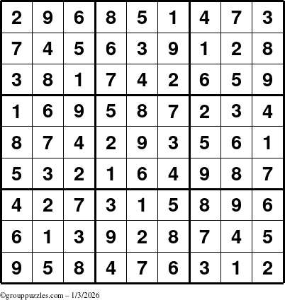 The grouppuzzles.com Answer grid for the Sudoku puzzle for Saturday January 3, 2026