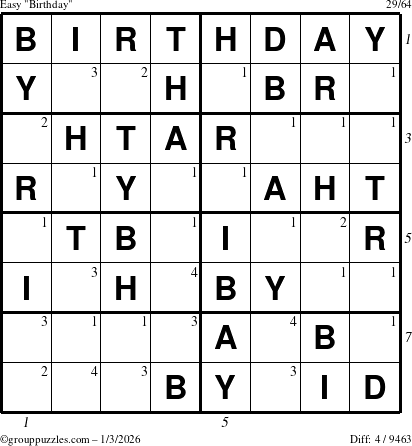 The grouppuzzles.com Easy Birthday puzzle for Saturday January 3, 2026, suitable for printing, with all 4 steps marked